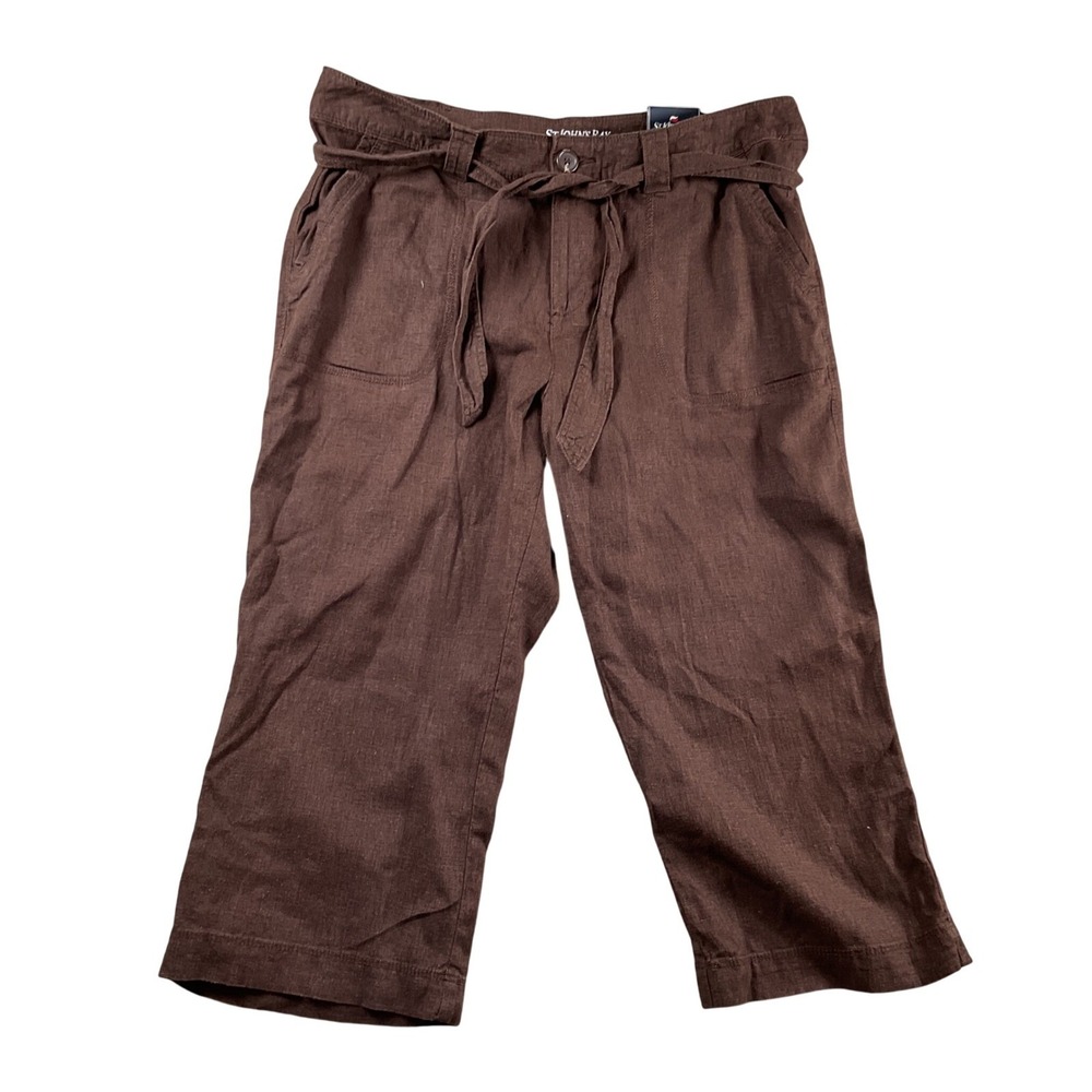 St Johns Bay Brown Linen Blend Cropped Pants Tie Waist Pockets Women's Size 12